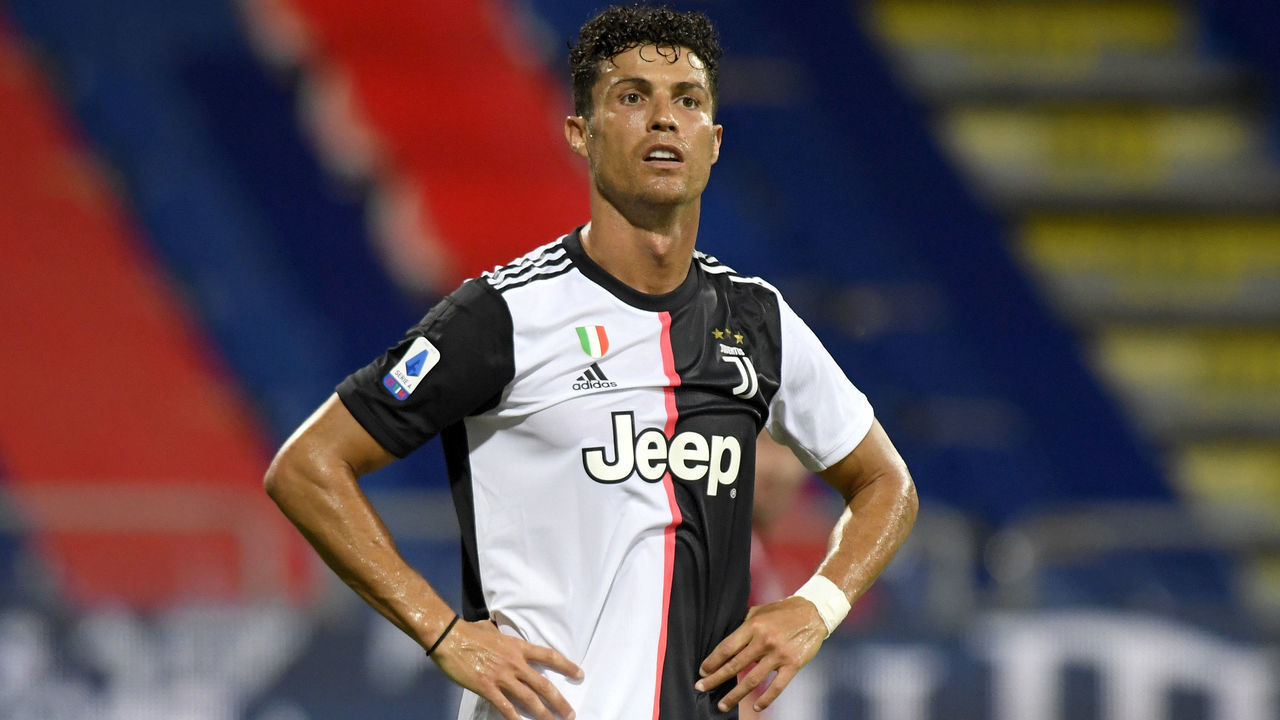 CAGLIARI, ITALY - JULY 29: Cristiano Ronaldo of Juventus looks on during the Serie A match between Cagliari Calcio and Juventus at Sardegna Arena on July 29, 2020 in Cagliari, Italy.