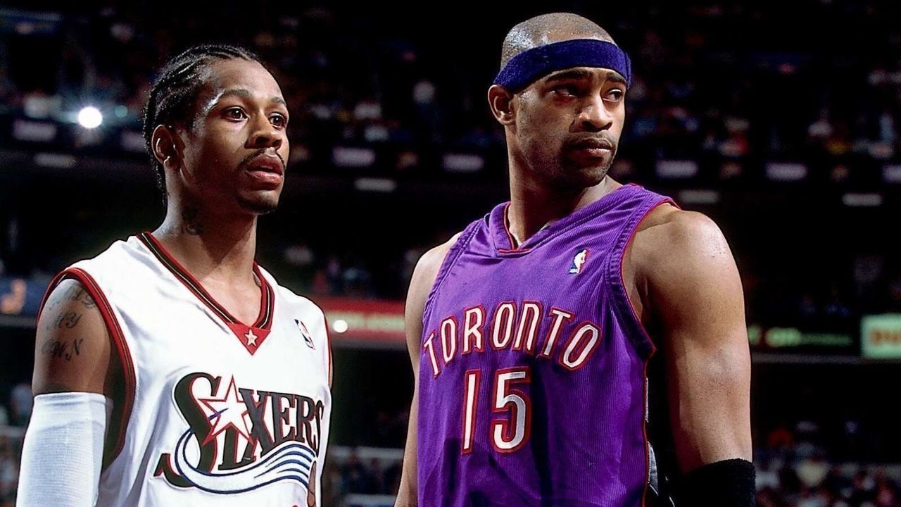 PHILADELPHIA - 2001: Allen Iverson #3 of the Philadelphia 76ers matches up against Vince Carter #15 of the Toronto Raptors during a 2001 NBA game at the First Union Center in Philadelphia, Pennsylvania. NOTE TO USER: User expressly acknowledges that, by downloading and or using this photograph, User is consenting to the terms and conditions of the Getty Images License agreement. Mandatory Copyright Notice: Copyright 2001 NBAE