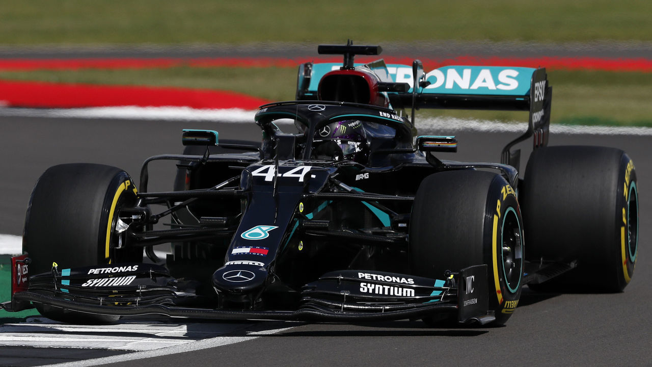 NORTHAMPTON, ENGLAND - AUGUST 01: Lewis Hamilton of Great Britain driving the (44) Mercedes AMG Petronas F1 Team Mercedes W11 on track during qualifying for the F1 Grand Prix of Great Britain at Silverstone on August 01, 2020 in Northampton, England.