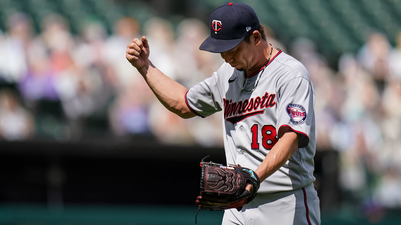 CHICAGO, IL - JULY 26: Kenta Maeda #18 of the Minnesota Twins celebrates against the Chicago White Sox on July 26, 2020 at Guaranteed Rate Field in Chicago, Illinois.