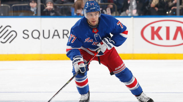 NEW YORK, NY - MARCH 05: Tony DeAngelo #77 of the New York Rangers skates with the puck against the Washington Capitals at Madison Square Garden on March 5, 2020 in New York City.