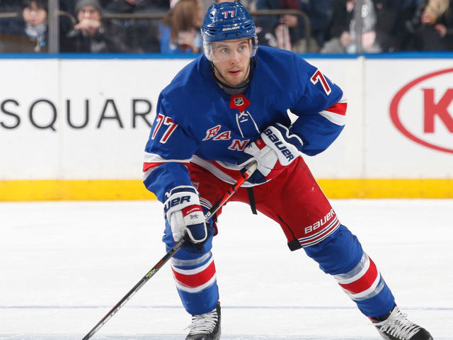 NEW YORK, NY - MARCH 05: Tony DeAngelo #77 of the New York Rangers skates with the puck against the Washington Capitals at Madison Square Garden on March 5, 2020 in New York City.