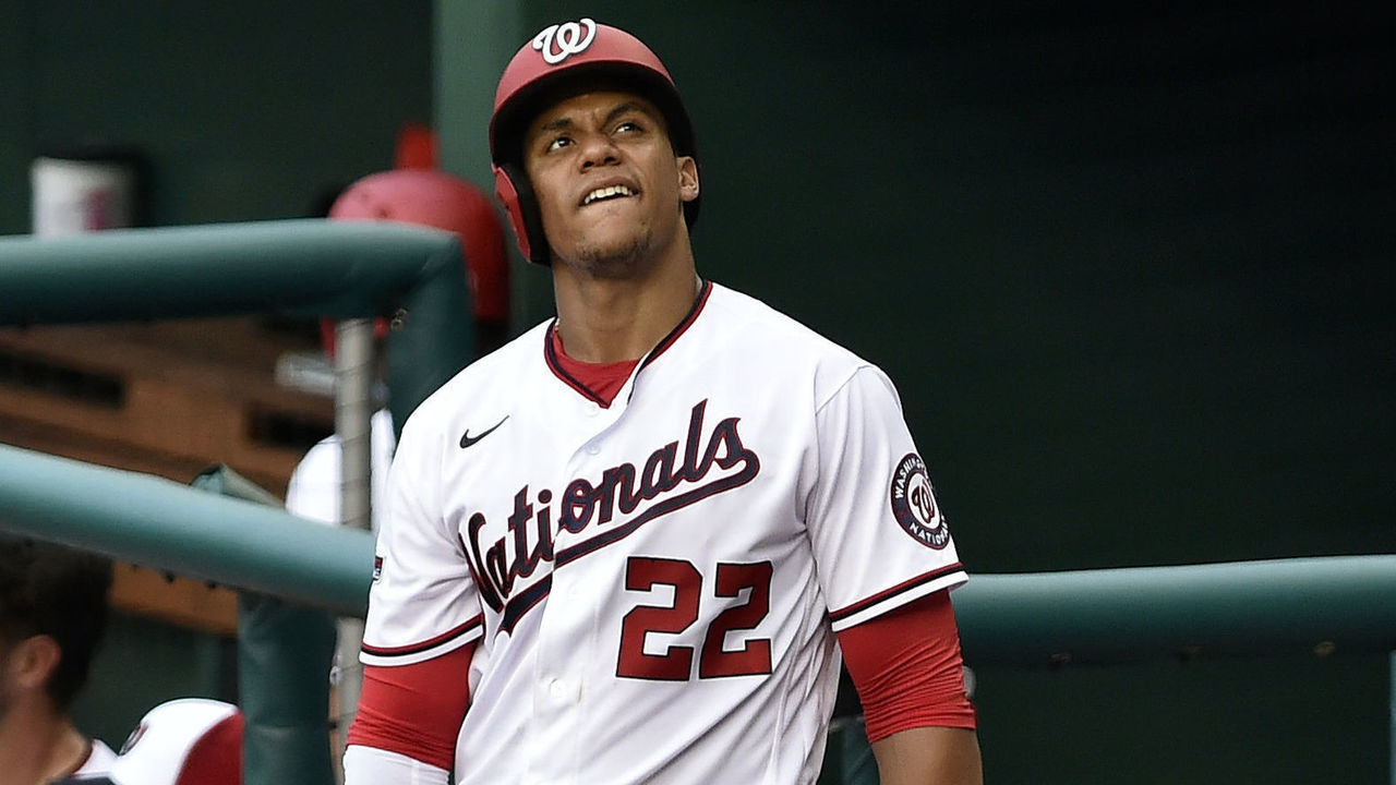 WASHINGTON, DC - JULY 21: Washington Nationals left fielder Juan Soto (22) waits on deck to bat during MLB Summer Camp scrimmage between the Baltimore Orioles and Washington Nationals at Nationals Park on July 21, 2020 in Washington, D.C..