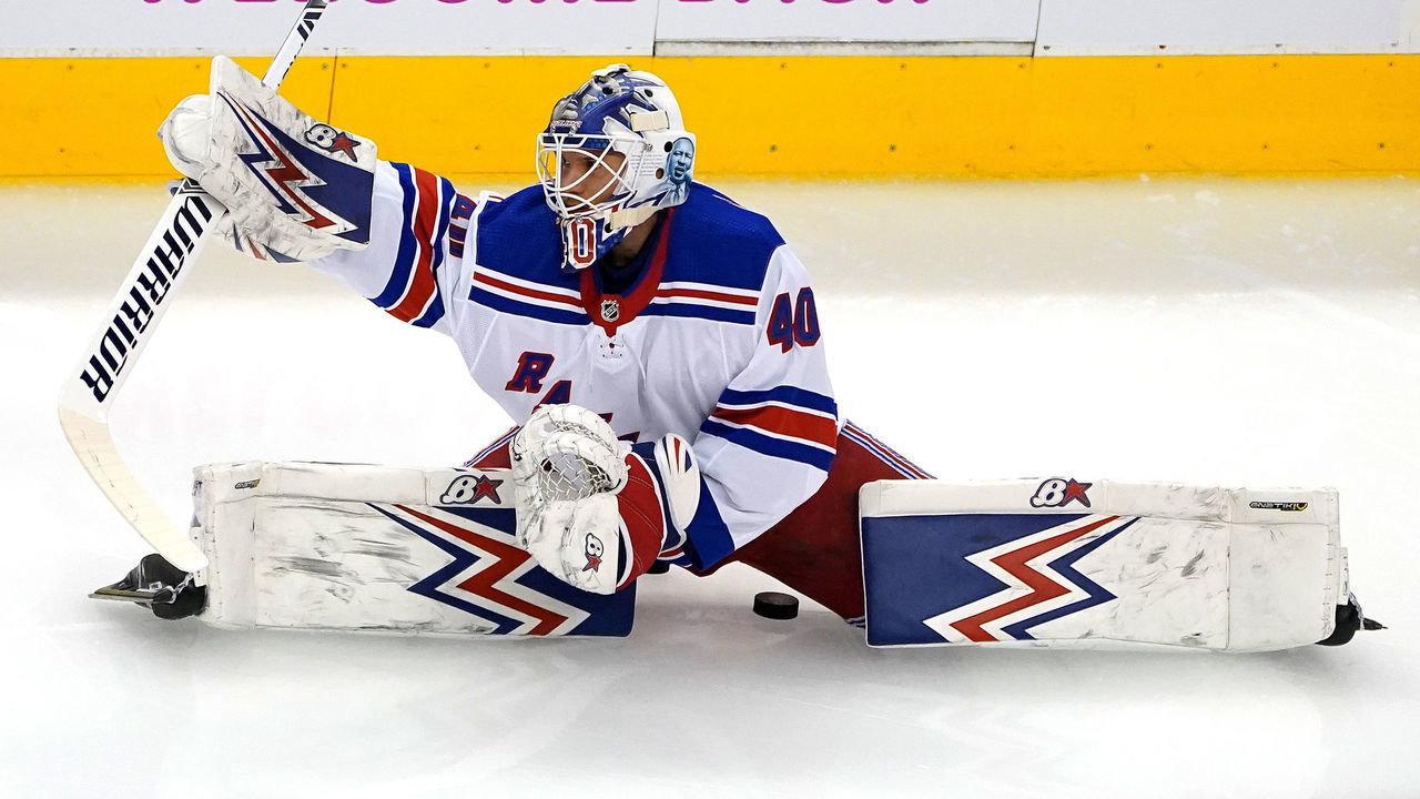 TORONTO, ONTARIO - AUGUST 01: Alexandar Georgiev #40 of the New York Rangers stretches in warm-ups prior to the game against the Carolina Hurricanes in Game One of the Eastern Conference Qualification Round prior to the 2020 NHL Stanley Cup Playoffs at Scotiabank Arena on August 1, 2020 in Toronto, Ontario, Canada.