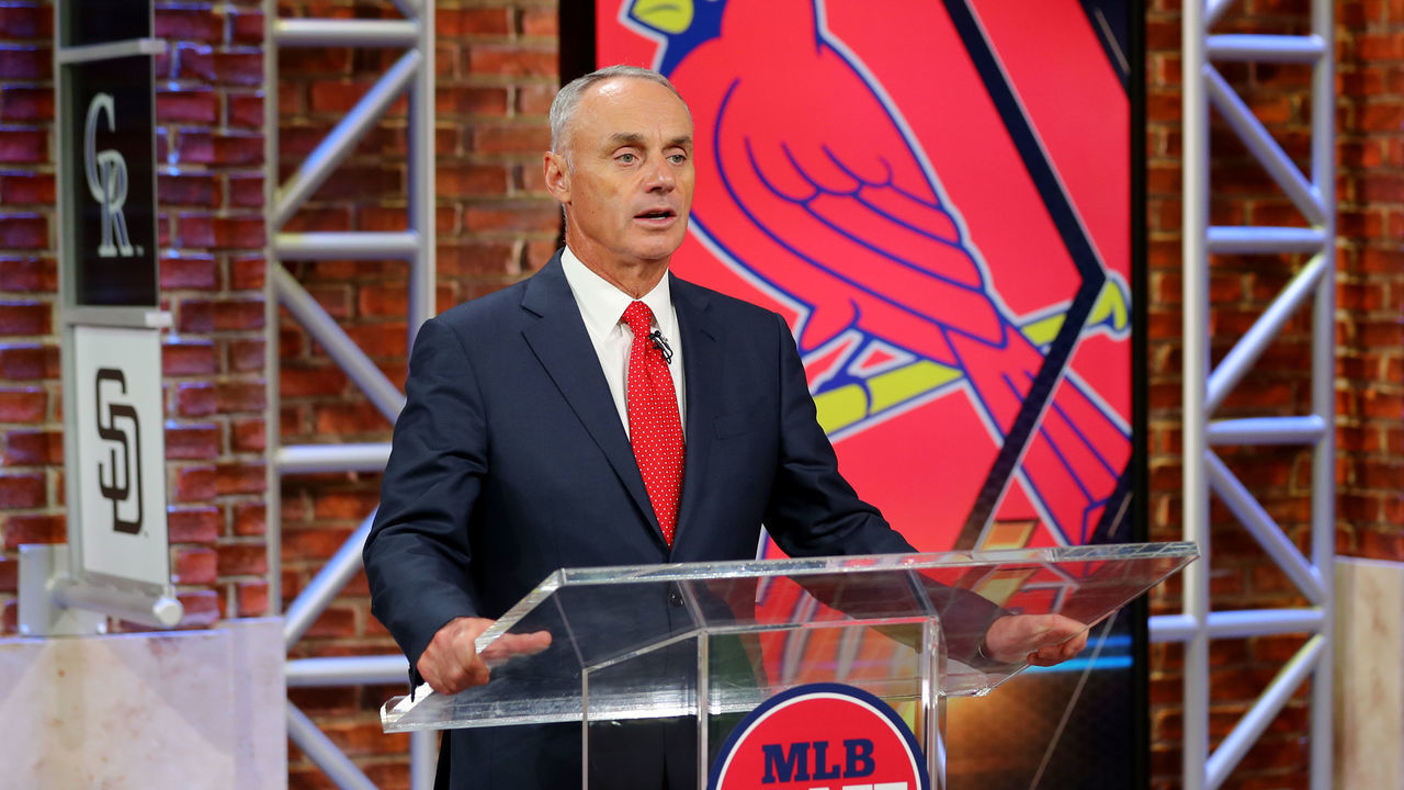 SECAUCUS, NJ - JUNE 10: Major League Baseball Commissioner Robert D. Manfred Jr. announces the 21st pick of the 2020 MLB Draft is Jordan Walker by the St. Louis Cardinals during the 2020 Major League Baseball Draft at MLB Network on Wednesday, June 10, 2020 in Secaucus, New Jersey.