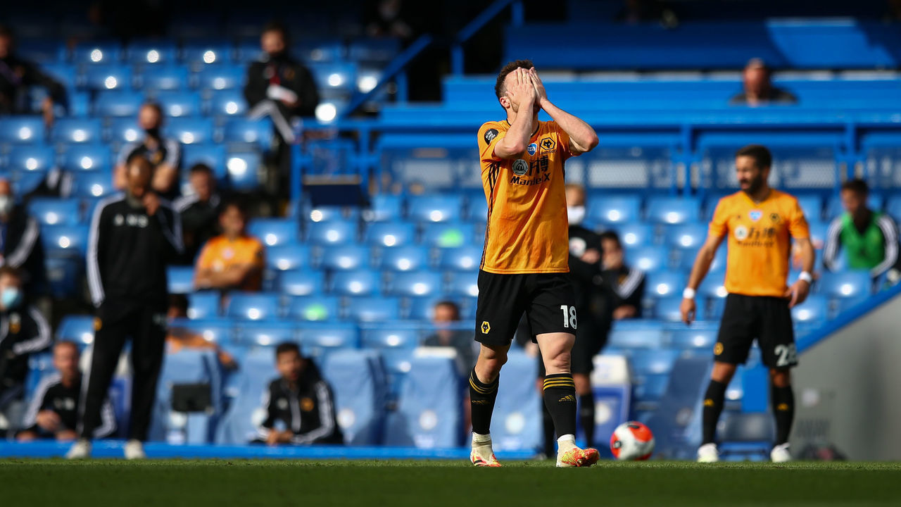LONDON, ENGLAND - JULY 26: Diogo Jota of Wolverhampton Wanderers reacts during the Premier League match between Chelsea FC and Wolverhampton Wanderers at Stamford Bridge on July 26, 2020 in London, United Kingdom.