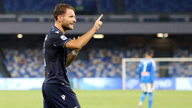NAPLES, ITALY - AUGUST 01: Ciro Immobile of SS Lazio celebrates after scoring the 1-1 goal during the Serie A match between SSC Napoli and SS Lazio at Stadio San Paolo on August 01, 2020 in Naples, Italy.