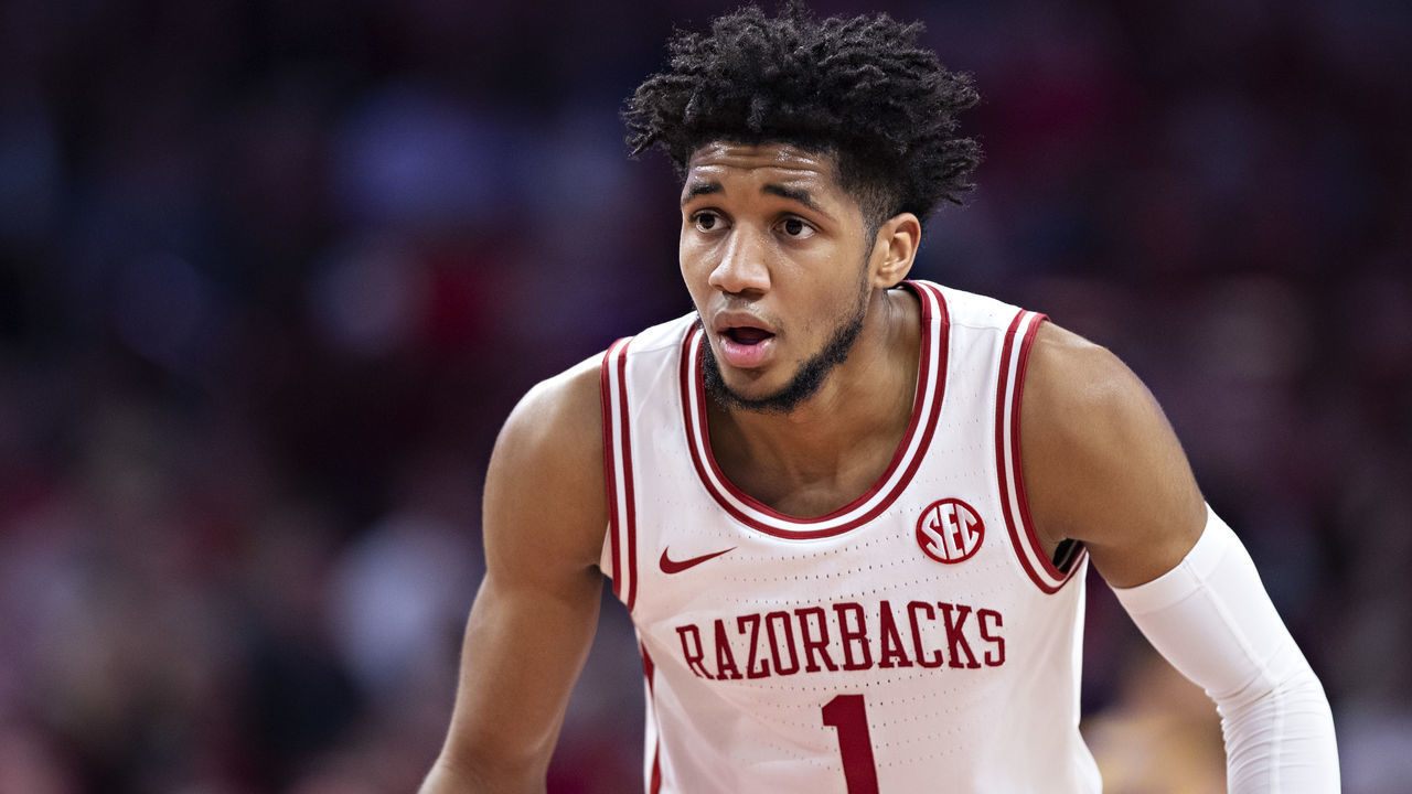 FAYETTEVILLE, AR - MARCH 4: Isaiah Joe #1 of the Arkansas Razorbacks plays defense during a game against the LSU Tigers at Bud Walton Arena on March 4, 2020 in Fayetteville, Arkansas. The Razorbacks defeated the Tigers 99-90.