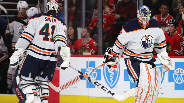 CHICAGO, ILLINOIS - MARCH 05: Mikko Koskinen #19 of the Edmonton Oilers replaces Mike Smith #41 in the second period against the Chicago Blackhawks at the United Center on March 05, 2020 in Chicago, Illinois.