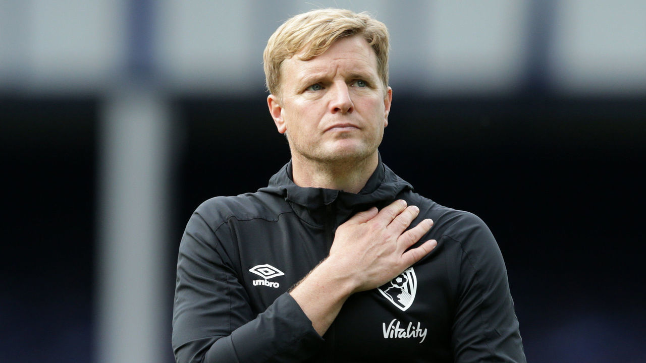 LIVERPOOL, ENGLAND - JULY 26: Eddie Howe of Bournemouth leaves the pitch after his side are relegated after the Premier League match between Everton FC and AFC Bournemouth at Goodison Park on July 26, 2020 in Liverpool, England.