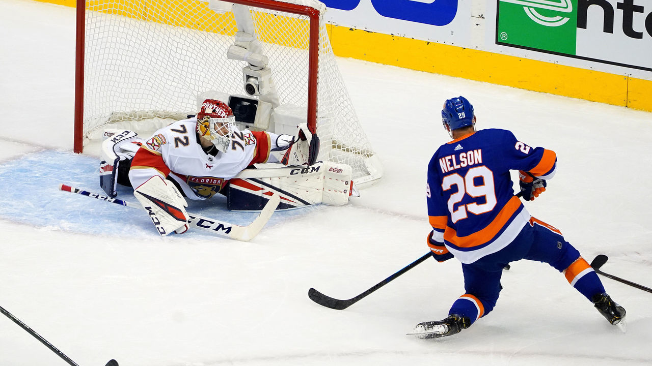 TORONTO, ONTARIO - AUGUST 01: Sergei Bobrovsky #72 of the Florida Panthers makes a save against Brock Nelson #29 of the New York Islanders during the second period in Game One of the Eastern Conference Qualification Round prior to the 2020 NHL Stanley Cup Playoffs at Scotiabank Arena on August 1, 2020 in Toronto, Ontario, Canada.