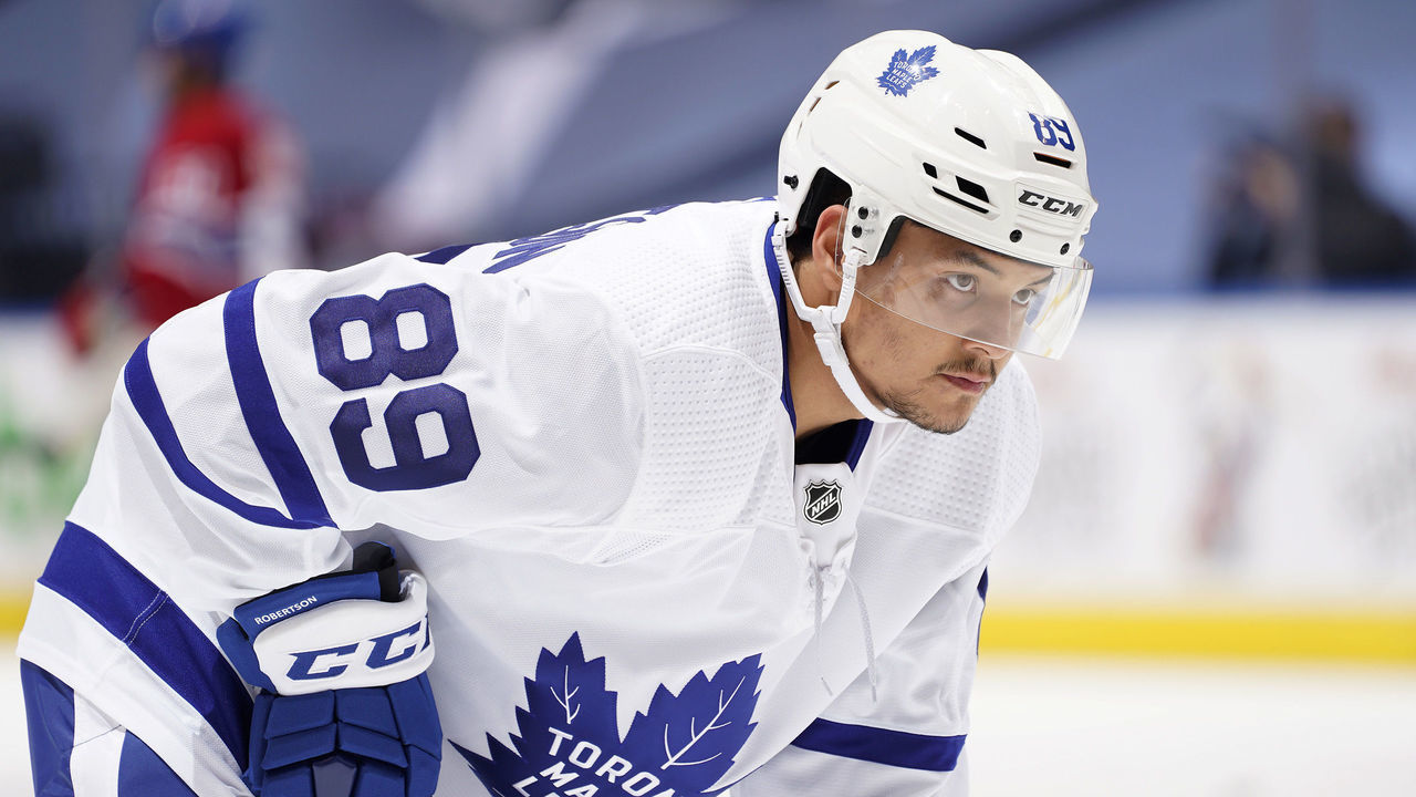 TORONTO, ONTARIO - JULY 28: Nick Robertson #89 of the Toronto Maple Leafs warms up prior to an exhibition game against the Montreal Canadiens prior to the 2020 NHL Stanley Cup Playoffs at Scotiabank Arena on July 28, 2020 in Toronto, Ontario.