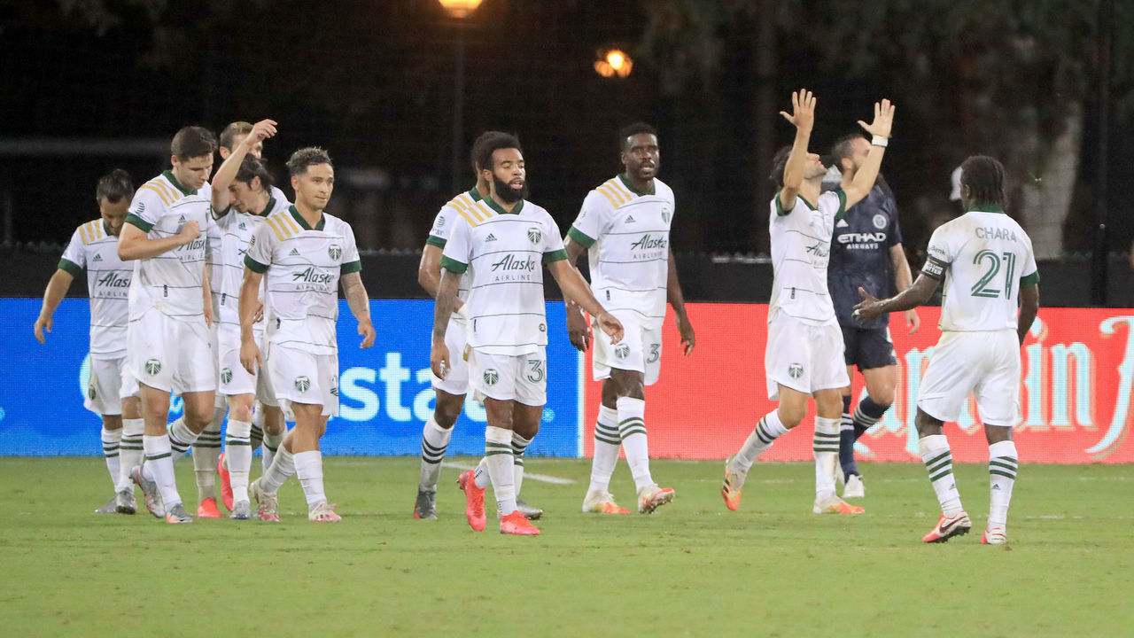 REUNION, FLORIDA - AUGUST 01: Diego Valeri #8 of Portland Timbers celebrates after scoring the second goal of his team during a quarter final match of MLS Is Back Tournament against New York City at ESPN Wide World of Sports Complex on August 01, 2020 in Reunion, Florida.