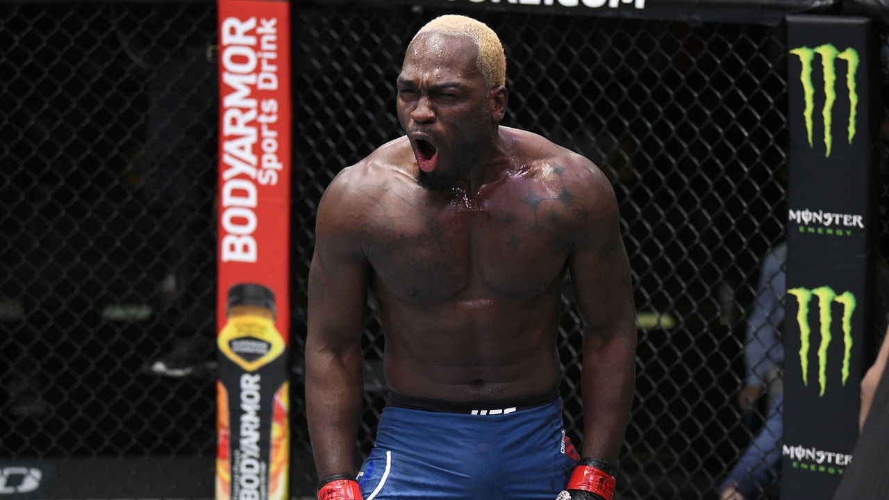 LAS VEGAS, NEVADA - AUGUST 01: Derek Brunson celebrates after his TKO victory over Edmen Shahbazyan in their middleweight fight during the UFC Fight Night event at UFC APEX on August 01, 2020 in Las Vegas, Nevada.