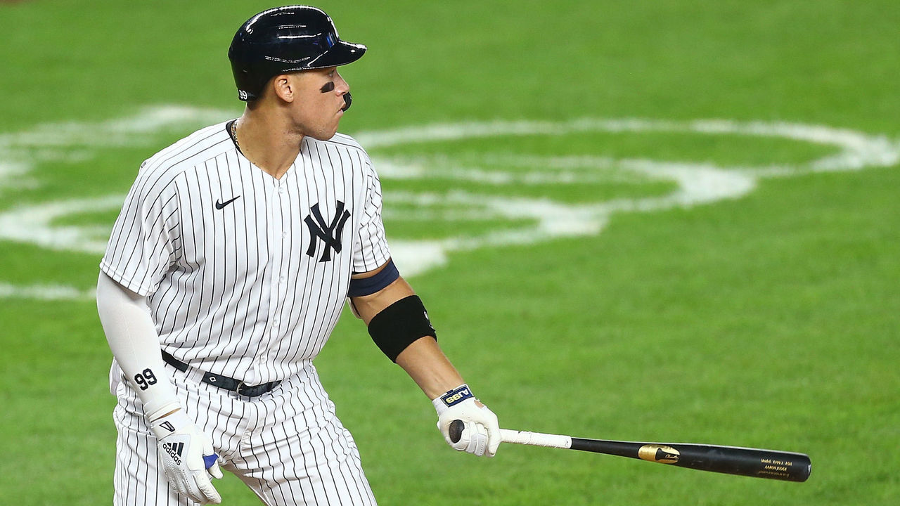 NEW YORK, NEW YORK - AUGUST 01: Aaron Judge #99 of the New York Yankees in action against the against the Boston Red Sox at Yankee Stadium on August 01, 2020 in New York City. New York Yankees defeated the Boston Red Sox 5-2.