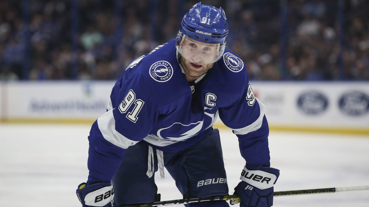 TAMPA, FL - FEBRUARY 04: Tampa Bay Lightning center Steven Stamkos (91) in the 2nd period of the NHL game between the Vegas Golden Knights and Tampa Bay Lightning on February 04, 2020 at Amalie Arena in Tampa, FL.