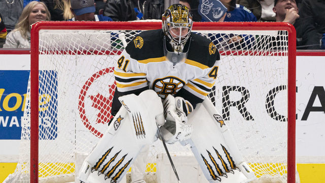 VANCOUVER, BC - FEBRUARY 22: Goalie Jaroslav Halak #41 of the Boston Bruins during NHL action against the Vancouver Canucks at Rogers Arena on February 22, 2020 in Vancouver, Canada.