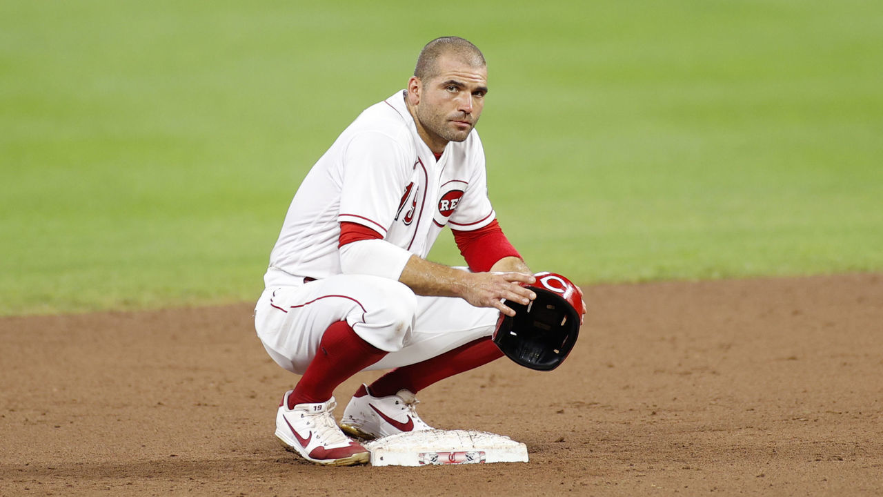 CINCINNATI, OH - JULY 27: Joey Votto #19 of the Cincinnati Reds looks on during the game against the Chicago Cubs at Great American Ball Park on July 27, 2020 in Cincinnati, Ohio. The Cubs defeated the Reds 8-7.