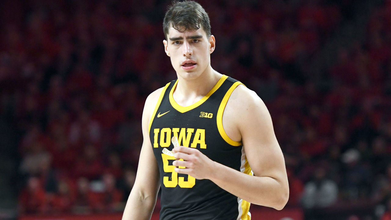 COLLEGE PARK, MARYLAND - JANUARY 30: Luka Garza #55 of the Iowa Hawkeyes looks on during a college basketball game against the Maryland Terrapins at Xfinity Center on January 30, 2020 in College Park, Maryland.