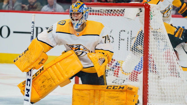 MONTREAL, QC - MARCH 10: Juuse Saros (74) of the Nashville Predators tends net during the second period of the NHL game between the Nashville Predators and the Montreal Canadiens on March 10, 2020, at the Bell Centre in Montreal, QC