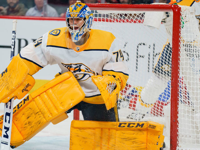 MONTREAL, QC - MARCH 10: Juuse Saros (74) of the Nashville Predators tends net during the second period of the NHL game between the Nashville Predators and the Montreal Canadiens on March 10, 2020, at the Bell Centre in Montreal, QC