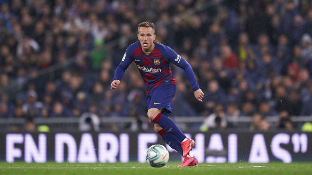 MADRID, SPAIN - MARCH 01: Arthur Melo of FC Barcelona in action during the La Liga match between Real Madrid CF and FC Barcelona at Estadio Santiago Bernabeu on March 01, 2020 in Madrid, Spain.