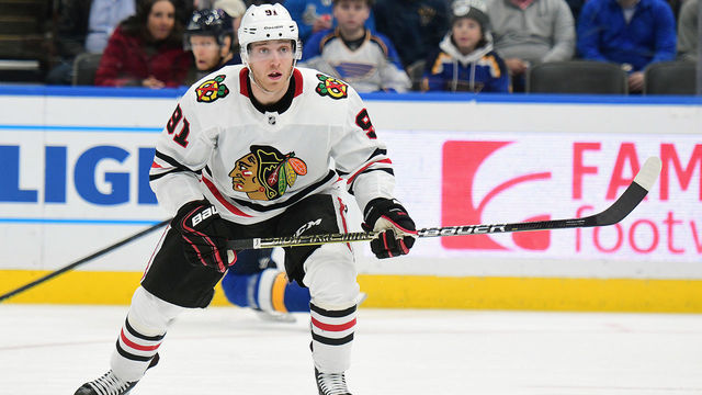 ST. LOUIS, MO - FEBRUARY 25: Chicago Blackhawks center Drake Caggiula (91) during an NHL game between the Chicago Blackhawks and the St. Louis Blues, on February 25, 2020, at Enterprise Center, St. Louis, MO. Photo by Keith Gillett/Icon Sportswire via Getty Images)