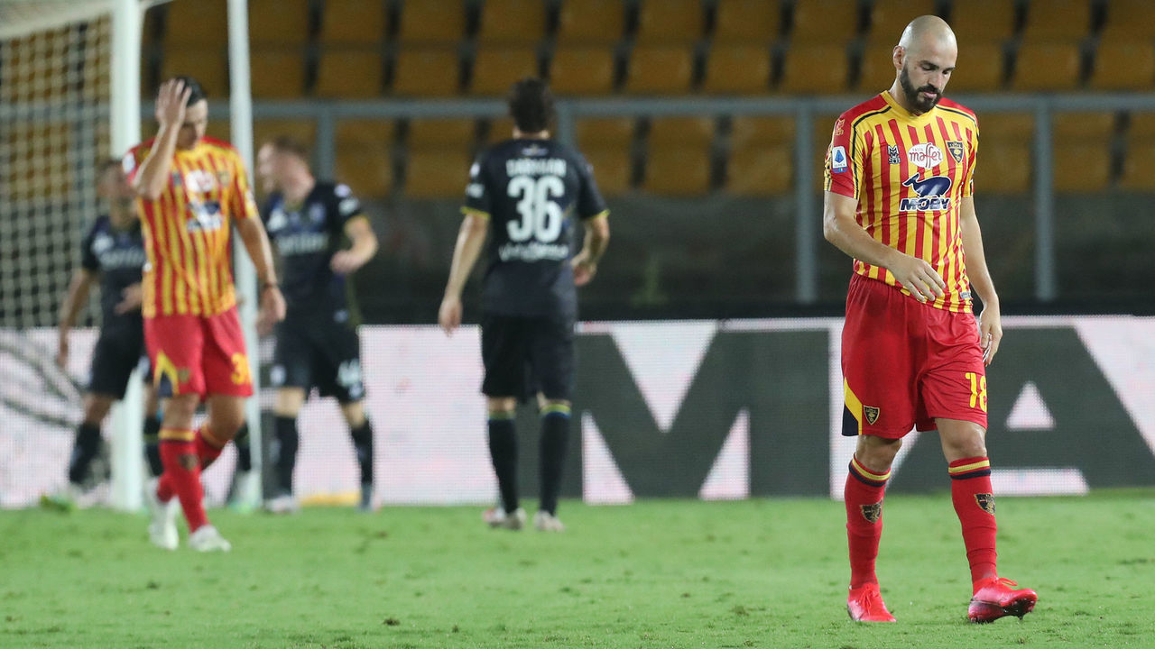 LECCE, ITALY - AUGUST 02: Riccardo Saponara of Lecce shows his dejection during the Serie A match between US Lecce and Parma Calcio at Stadio Via del Mare on August 02, 2020 in Lecce, Italy.