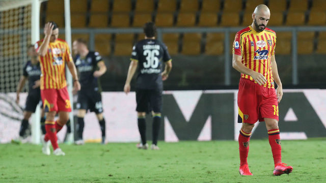 LECCE, ITALY - AUGUST 02: Riccardo Saponara of Lecce shows his dejection during the Serie A match between US Lecce and Parma Calcio at Stadio Via del Mare on August 02, 2020 in Lecce, Italy.