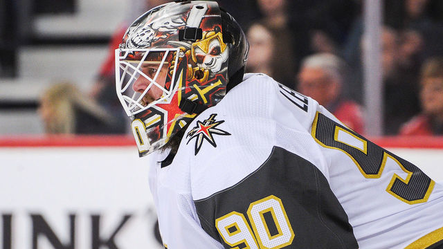 CALGARY, AB - MARCH 8: Robin Lehner #90 of the Vegas Golden Knights in action against the Calgary Flames during an NHL game at Scotiabank Saddledome on March 8, 2020 in Calgary, Alberta, Canada.