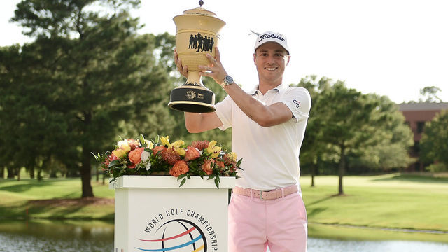 MEMPHIS, TENNESSEE - AUGUST 02: Justin Thomas of the United States poses with the trophy after winning the World Golf Championship FedEx St Jude Invitational at TPC Southwind on August 02, 2020 in Memphis, Tennessee.