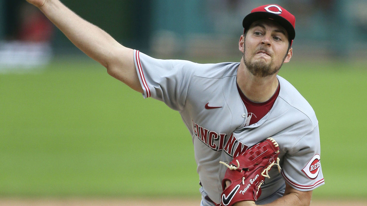 DETROIT, MI - AUGUST 2: Trevor Bauer #27 of the Cincinnati Reds pitches against the Detroit Tigers during the second inning of game two of a doubleheader at Comerica Park on August 2, 2020, in Detroit, Michigan.