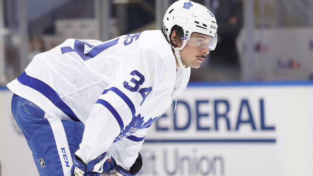 TORONTO, ONTARIO - JULY 28: Auston Matthews #34 of the Toronto Maple Leafs looks on during the second period of an exhibition game prior to the 2020 NHL Stanley Cup Playoffs at Scotiabank Arena on July 28, 2020 in Toronto, Ontario.