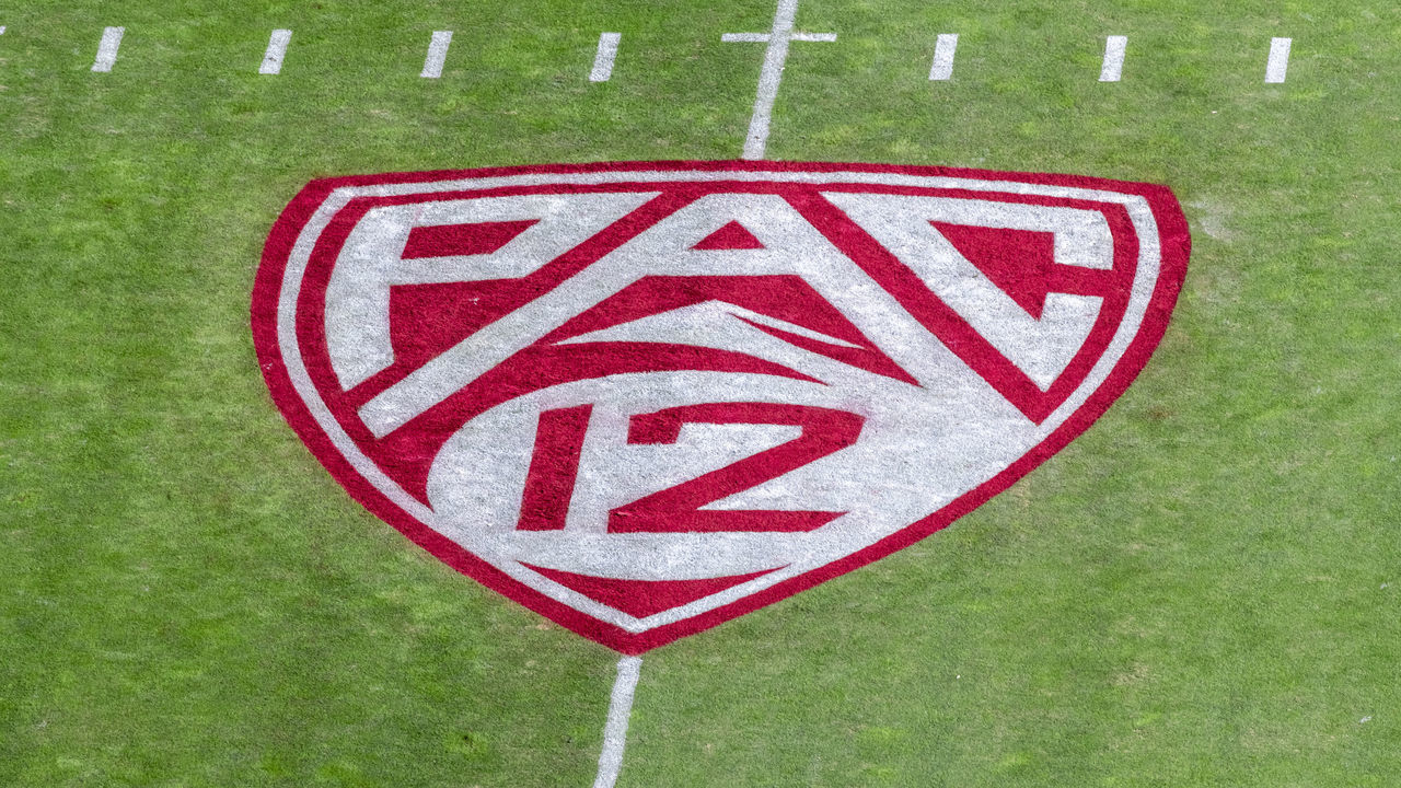 PALO ALTO, CA - NOVEMBER 23: A detail view of the Pac-12 logo on the field at Stanford Stadium prior to the 122nd Big Game between the Stanford Cardinal and the California Golden Bears on November 23, 2019 in Palo Alto, California.