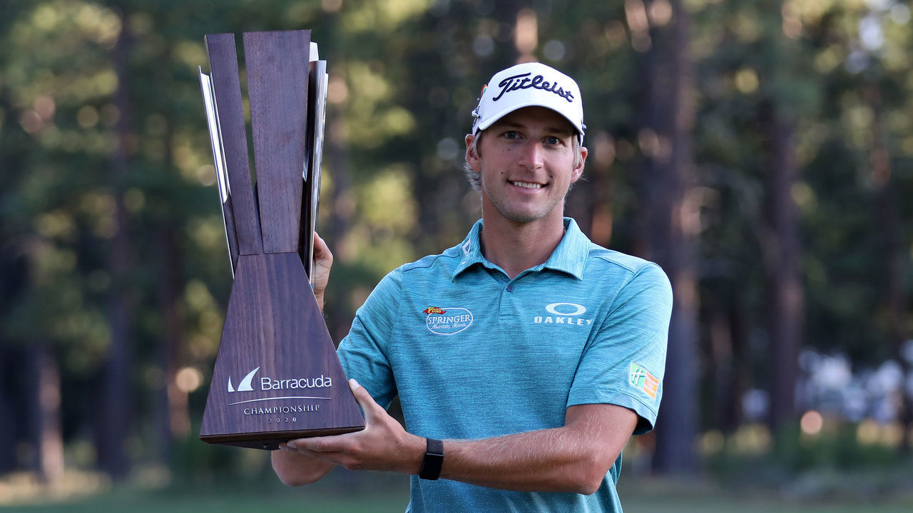 TRUCKEE, CALIFORNIA - AUGUST 02: Richy Werenski poses with the trophy after putting in to win on the 18th green during the final round of the Barracuda Championship at Tahoe Mountain Club's Old Greenwood Golf Course on August 01, 2020 in Truckee, California.