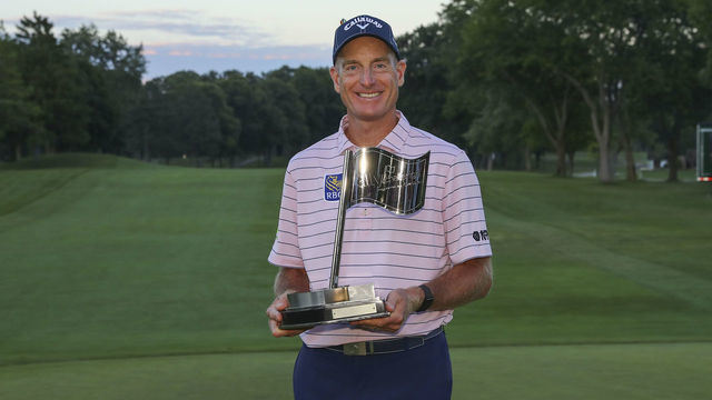 GRAND BLANC, MI - AUGUST 02: Jim Furyk of the United States poses with the trophy after winning the Ally Challenge presented by McLaren at Warwick Hills Golf & Country Club on August 2, 2020 in Grand Blanc, Michigan.
