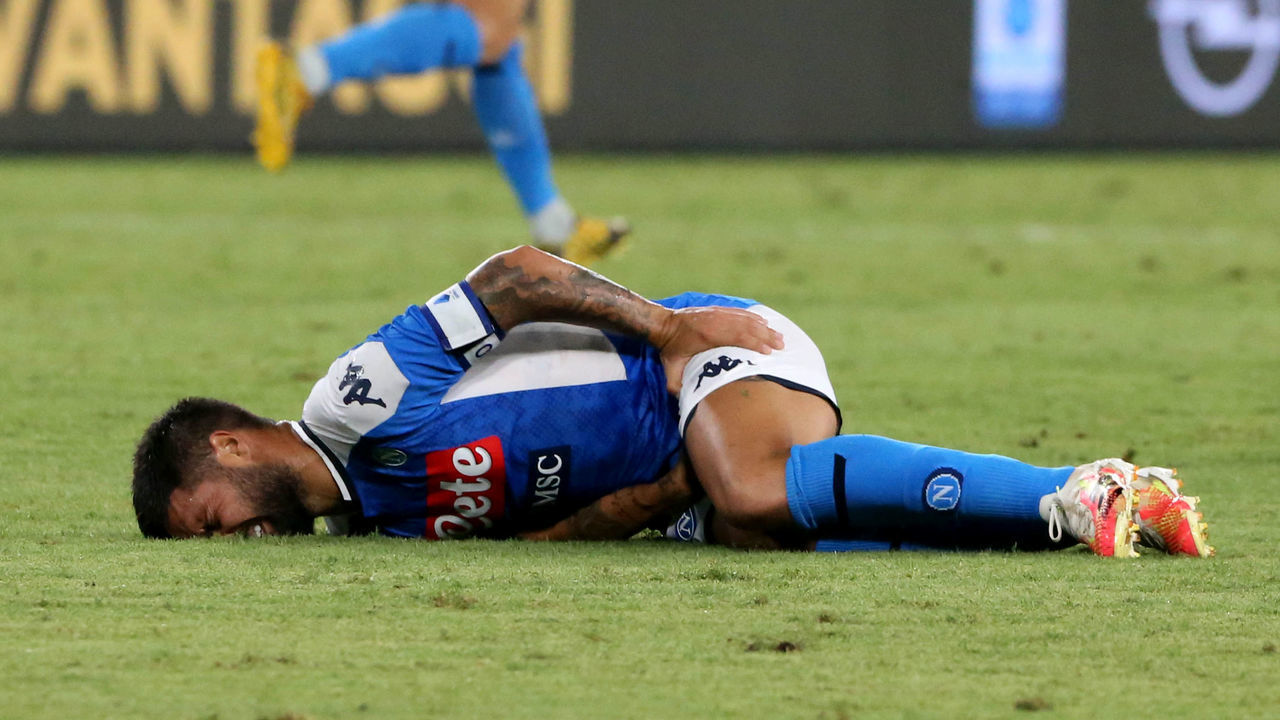 NAPLES, ITALY - AUGUST 01: Lorenzo Insigne of SSC Napoli is on the ground injured during the Serie A match between SSC Napoli and SS Lazio at Stadio San Paolo on August 1, 2020 in Naples, Italy.
