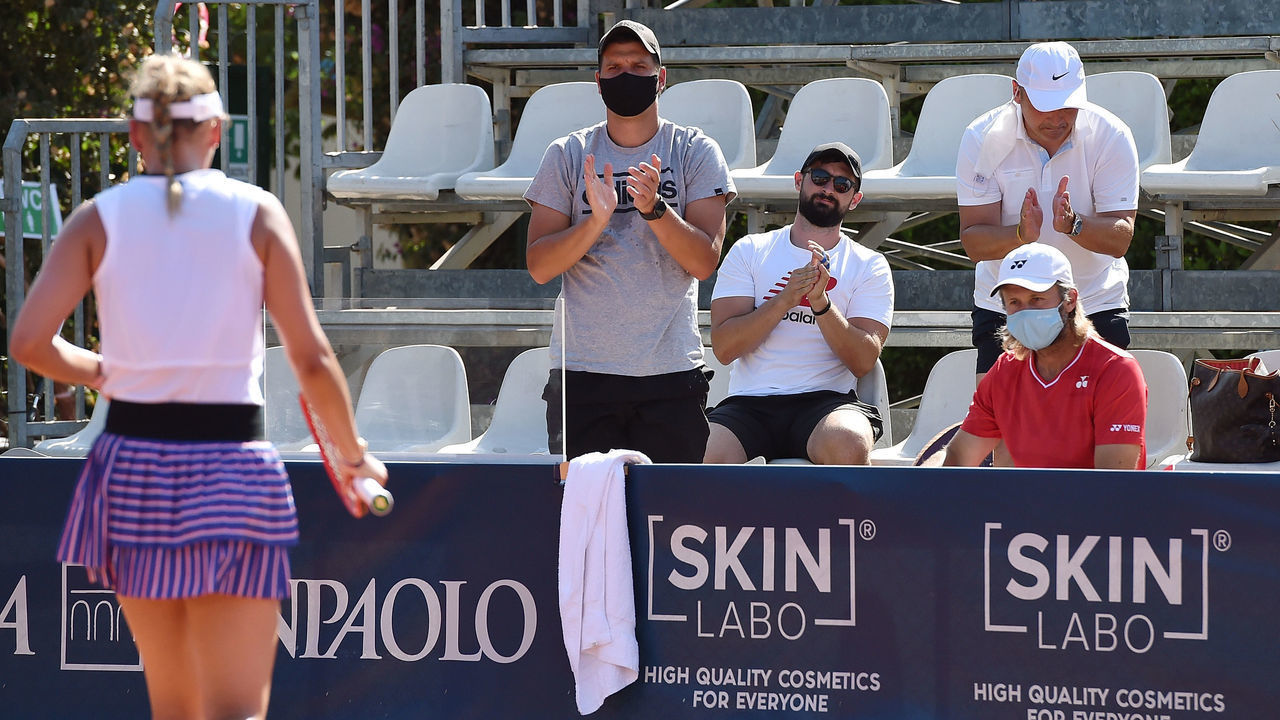 PALERMO, ITALY - AUGUST 03: Fans of Donna Vekic of Croatia celebrates during the match against Arantxa Rus of Netherlands during the 31st Palermo Ladies Open - Day One on August 03, 2020 in Palermo, Italy.