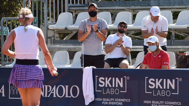 PALERMO, ITALY - AUGUST 03: Fans of Donna Vekic of Croatia celebrates during the match against Arantxa Rus of Netherlands during the 31st Palermo Ladies Open - Day One on August 03, 2020 in Palermo, Italy.