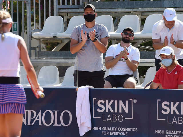 PALERMO, ITALY - AUGUST 03: Fans of Donna Vekic of Croatia celebrates during the match against Arantxa Rus of Netherlands during the 31st Palermo Ladies Open - Day One on August 03, 2020 in Palermo, Italy.