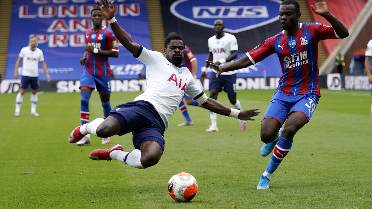 Tottenham Hotspur's Serge Aurier (left) and Crystal Palace's Tyrick Mitchell battle for the ball during the Premier League match at Selhurst Park, London.