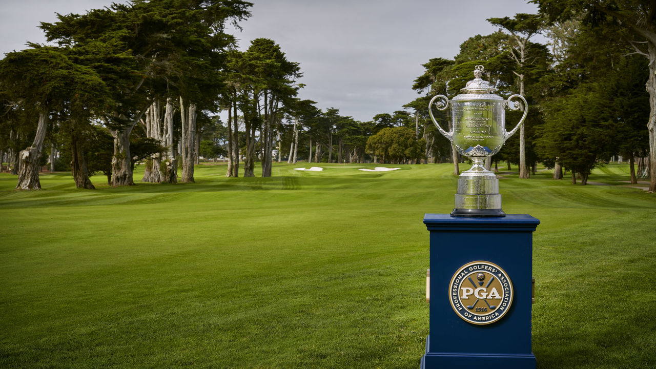 SAN FRANCISCO, CALIFORNIA - OCTOBER 2: A view of the Wanamaker Trophy which sits on the fourth hole of TPC Harding Park on October 2, 2018 in San Francisco, California.
