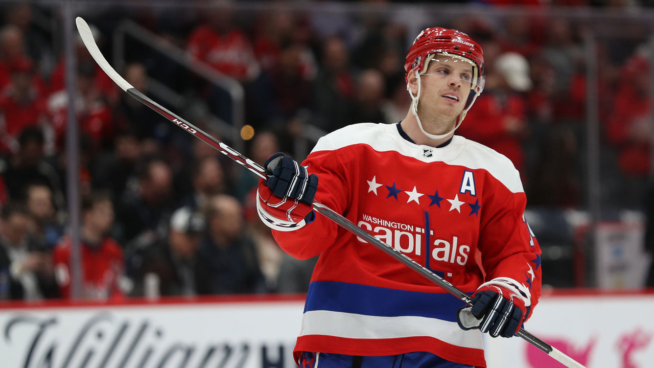 WASHINGTON, DC - MARCH 04: John Carlson #74 of the Washington Capitals looks on against the Philadelphia Flyers during the first period at Capital One Arena on March 4, 2020 in Washington, DC.