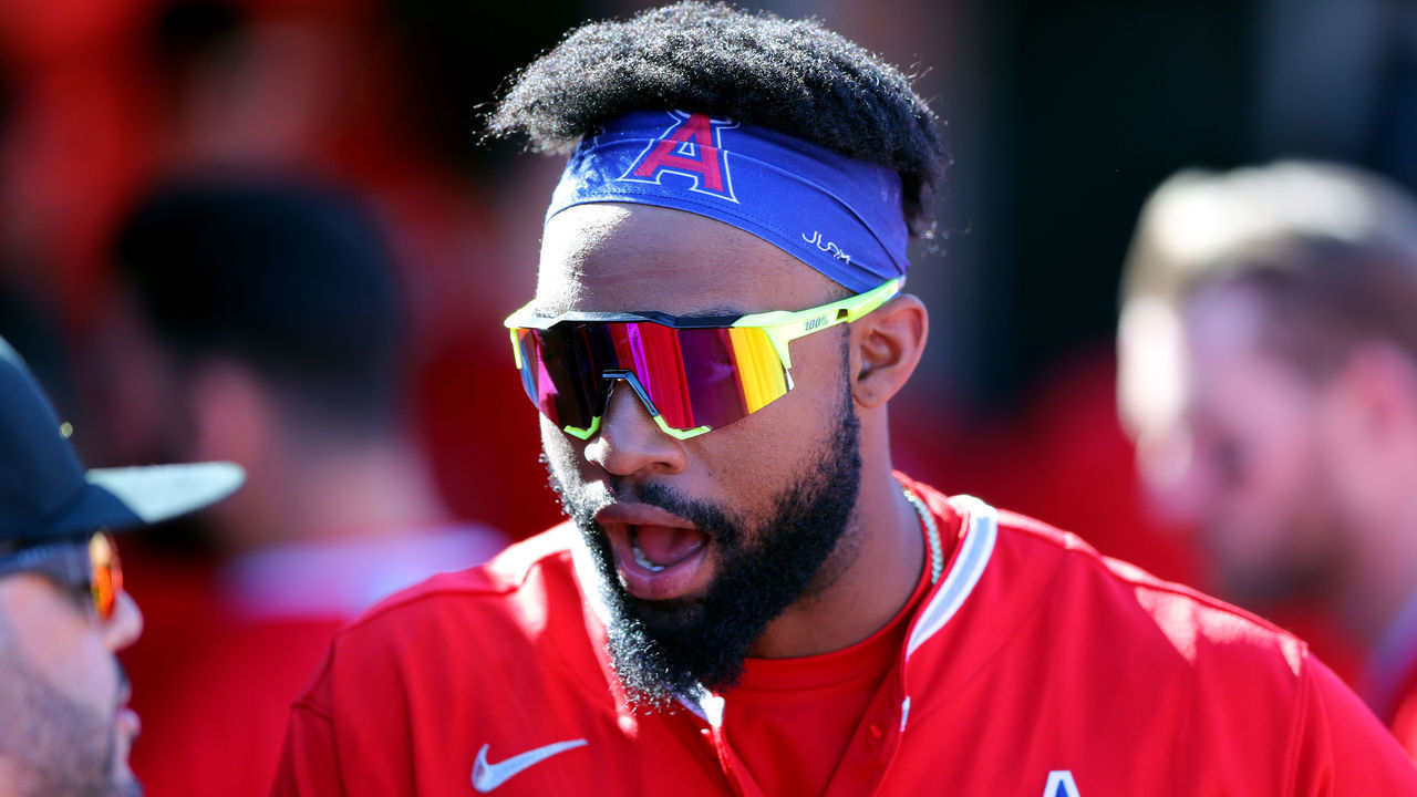 TEMPE, AZ - FEBRUARY 25: Jo Adell #59 of the Los Angeles Angels stands in the dugout during a game against the Cincinnati Reds on Tuesday, February 25, 2020 at Tempe Diablo Stadium in Tempe, Arizona.