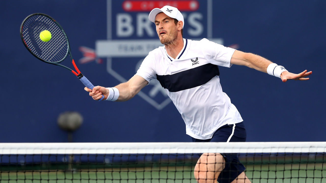 LONDON, ENGLAND - AUGUST 02: Andy Murray, partner of Naomi Broady of Union Jacks plays a forehand in their mixed doubles match against Emma Raducanu and Kyle Edmund of British Bulldogs during day seven of the St. James's Place Battle Of The Brits Team Tennis at National Tennis Centre on August 02, 2020 in London, England.