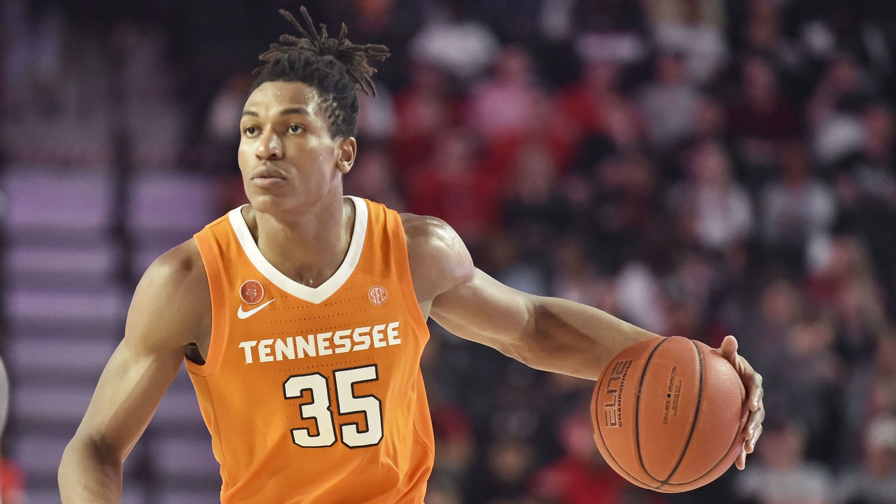 ATHENS, GA - JANUARY 15: Tennessee forward Yves Pons looks around a Georgia defender during the second half of a the Georgia Bulldogs game versus the Tennessee Volunteers on January 15, 2020, at Stegeman Coliseum in Athens, GA.