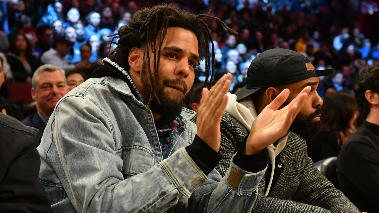 CHICAGO, IL - FEBRUARY 15: Artist, J. Cole watches the 2020 NBA All-Star - MTN DEW 3-Point Contest on February 15, 2020 at the United Center in Chicago, Illinois. Mandatory Copyright Notice: Copyright 2020 NBAE