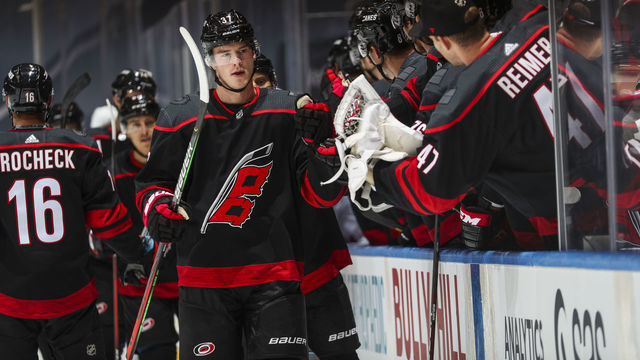 TORONTO, ONTARIO - AUGUST 03: Andrei Svechnikov #37 of the Carolina Hurricanes celebrates his goal against the New York Rangers during the first period in Game Two of the Eastern Conference Qualification Round prior to the 2020 NHL Stanley Cup Playoffs at Scotiabank Arena on August 03, 2020 in Toronto, Ontario.