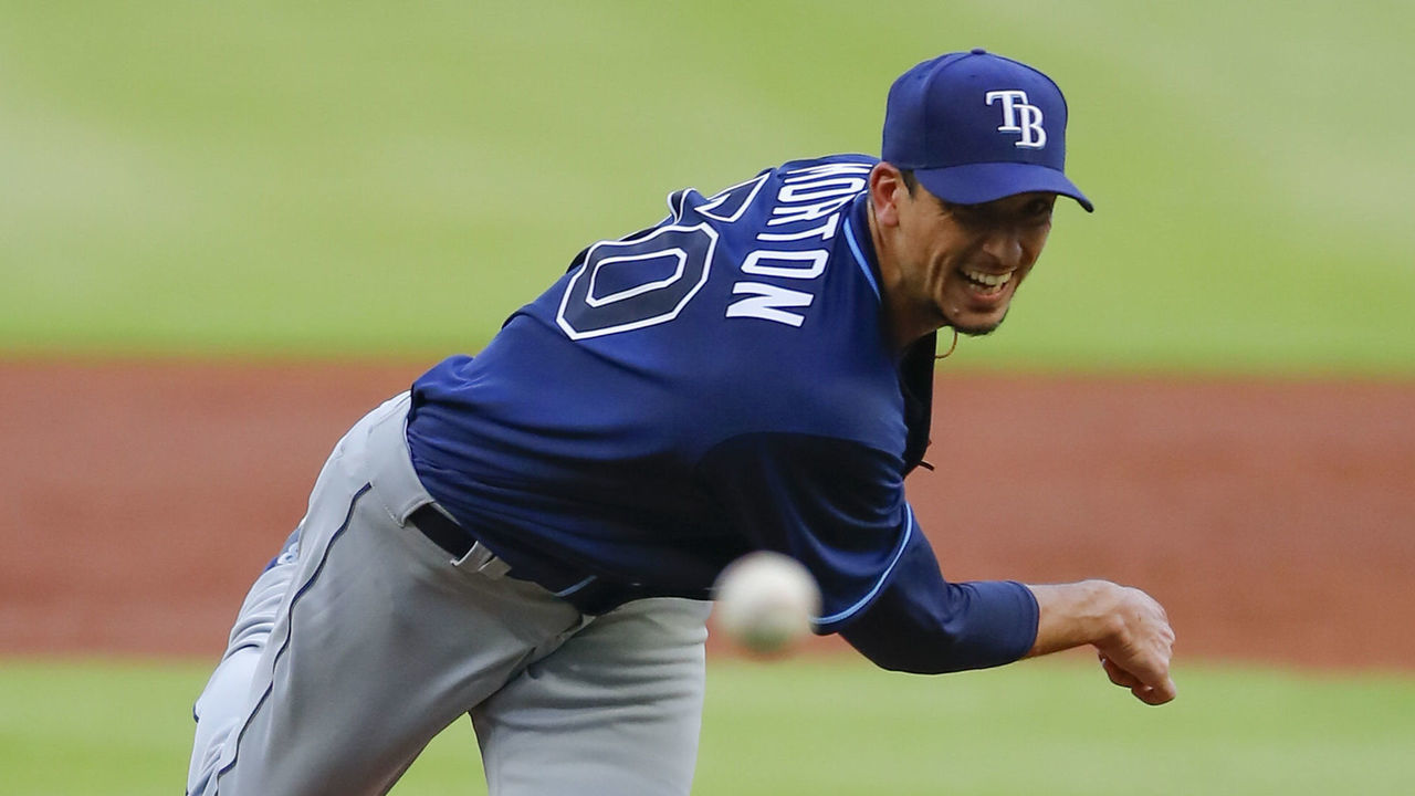 ATLANTA, GA - JULY 29: Charlie Morton #50 of the Tampa Bay Rays delivers the pitch in the second inning inning of an MLB game against the Atlanta Braves at Truist Park on July 29, 2020 in Atlanta, Georgia.