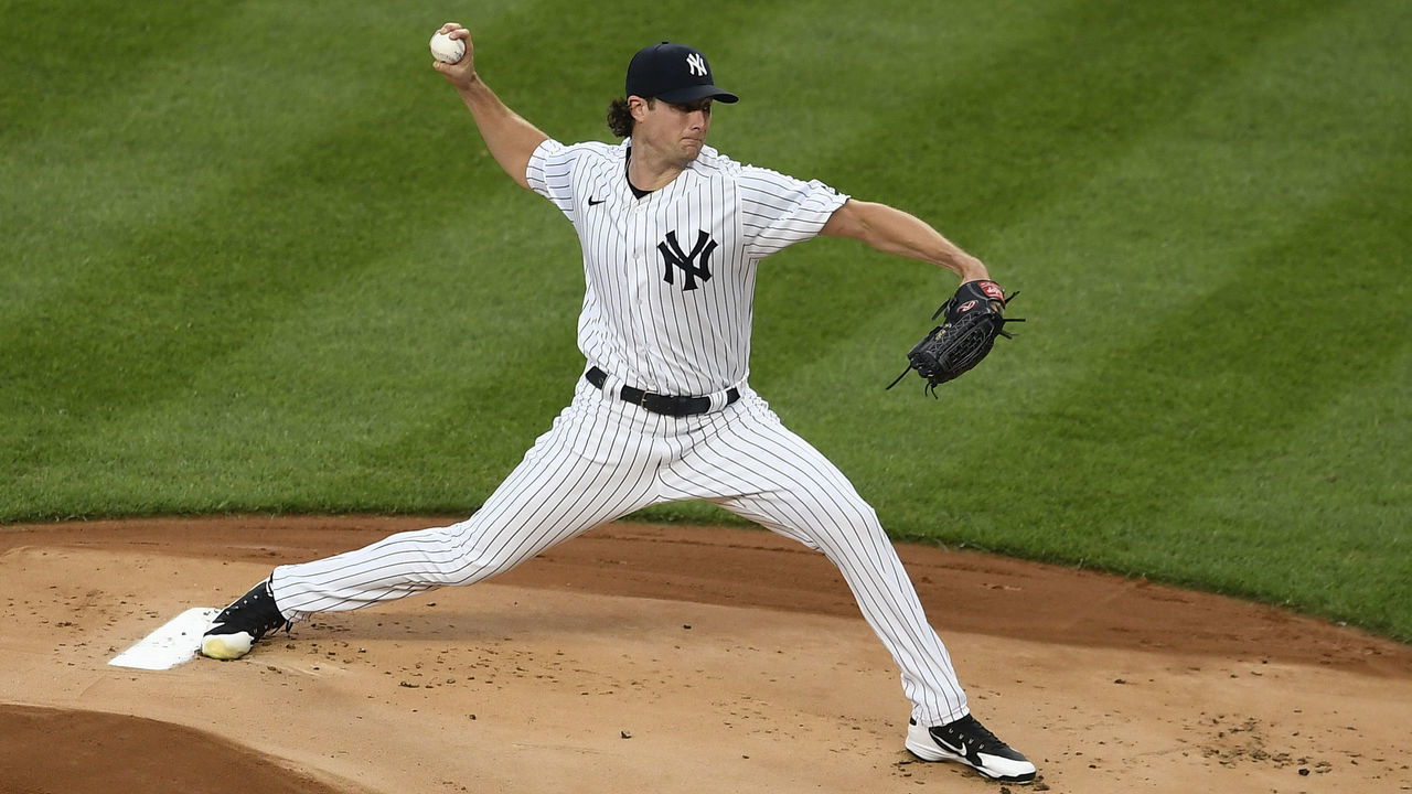 NEW YORK, NEW YORK - AUGUST 03: Gerrit Cole #45 of the New York Yankees pitches during the first inning against the Philadelphia Phillies at Yankee Stadium on August 03, 2020 in the Bronx borough of New York City.